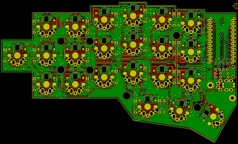 The patched Corne PCB in KiCad, one copper pour filled green around the switch and LED footprints